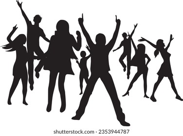 Silhouette illustration of people dancing joyfully. This dynamic and energetic image captures the spirit of celebration, perfect for a wide range of creative projects. 