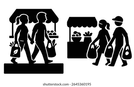 Silhouette illustration of people shopping at a farmer's market, carrying reusable shopping bags. The distinctive bold black silhouette style is ideal for various applications.