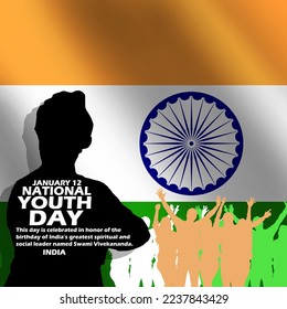 Silhouette illustration of a person with crowd and bold text on a waving Indian flag background to commemorate National Youth Day on January 12 in India