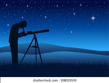 Silhouette Illustration Person Looking Night Sky Stock Vector (Royalty ...