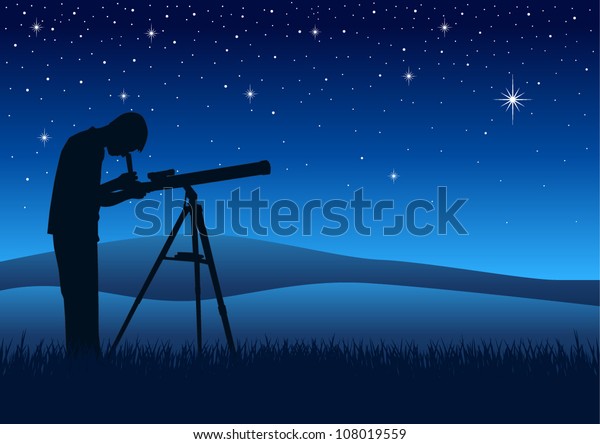 望遠鏡を通して夜空を見る人のシルエットイラスト のベクター画像素材 ロイヤリティフリー