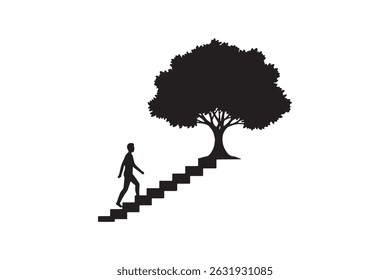 Silhueta Ilustração de Pessoa Andando Escadas para Árvore - Árvore e Escadas com Humano