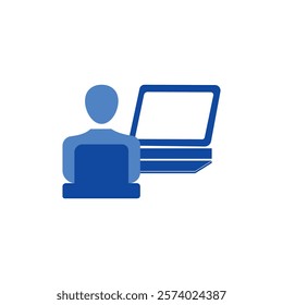 Silhouette illustration of a person working in front of a laptop. Design elements of job illustration in blue. Design elements of office and education