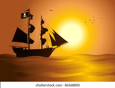 Silhouette  Illustration Of A Pirate Ship