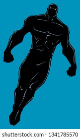 Silhouette illustration of powerful superhero looking down while soaring in the sky.