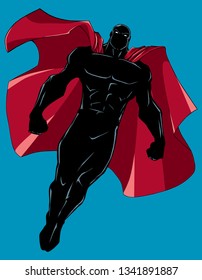 Silhouette illustration of powerful superhero looking down while soaring in the sky.