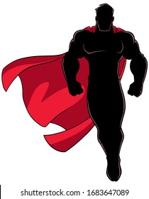 Silhouette illustration of powerful superhero looking down while soaring on white background.