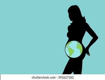 Silhouette illustration of a pregnant female figure with planet Earth in her womb