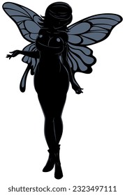 Silhouette illustration of pretty fantasy fairy on white background.