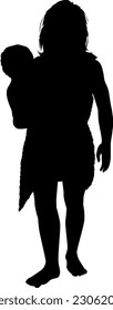 Silhouette illustration of primitive mother and child