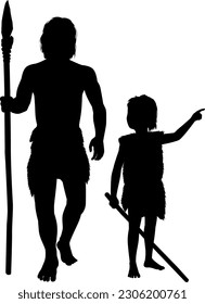 Silhouette illustration of a primitive parent and child