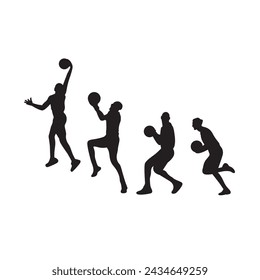 silhouette illustration of the process of playing basketball with a jumping technique to put the ball into the basket