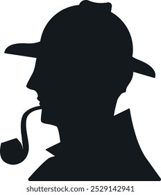 Silhouette illustration of profile of a detective wearing a hat and puffing on a pipe. (Images of riddles, riddles, mysteries, detectives, deductions)