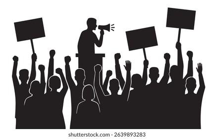 Silhouette illustration of a protest crowd with raised fists and signs, listening to a speaker with a megaphone. Concept of activism, demonstration, freedom, and political movement.
