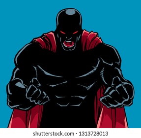 Silhouette illustration of raging superhero with clenched fists ready for battle.