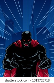 Silhouette illustration of raging superhero with clenched fists ready for battle. ....