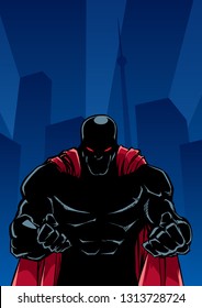 Silhouette illustration of raging superhero on city background with copy space for your text.