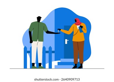 Silhouette illustration of a real estate agent handing over a house key to a new homeowner