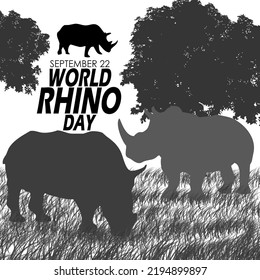 Silhouette illustration of rhinos on the grass with trees in the forest with bold text on white background to celebrate World Rhino Day on September 22