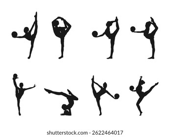 Ilustração em silhueta de ginastas rítmicos que se apresentam com bolas. Um conjunto de silhuetas pretas representando ginastas rítmicas em várias poses. Silhueta de vetor em um fundo branco.