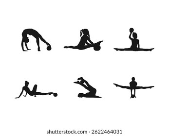 Ilustração em silhueta de ginastas rítmicos que se apresentam com bolas. Um conjunto de silhuetas pretas representando ginastas rítmicas em várias poses. Silhueta de vetor em um fundo branco.