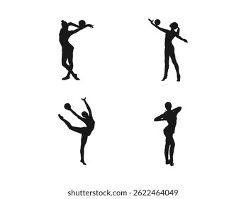 Silhouette illustration of rhythmic gymnasts performing with balls. A set of black silhouettes depicting rhythmic gymnasts in various poses. Vector silhouette on a white background.