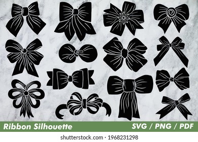 Silhouette Illustration with ribbon theme. The palette and the backgrounds are in white and the layout is simplified.