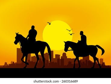 Silhouette illustration of riding a horse during sunset