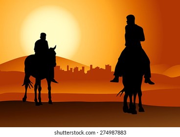 Silhouette illustration of riding a horse during sunset