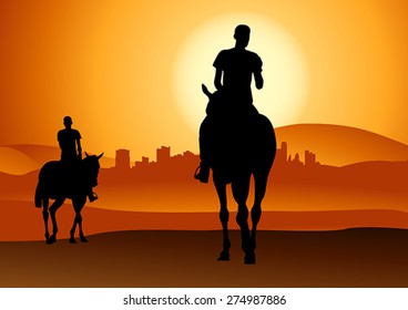 Silhouette illustration of riding a horse during sunset