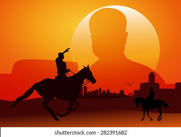 Silhouette illustration of riding a horse during sunset