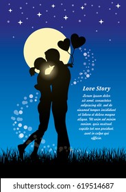 Silhouette Illustration Of Romantic Lovers Kissing Couple In A Field Of Grass At Moonlight