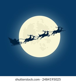 Silhouette illustration of Santa Claus driving his sleigh with the moon as the background. Vector illustration