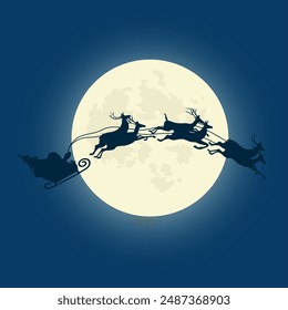 Silhouette illustration of Santa Claus driving his sleigh with the moon as the background. Vector illustration