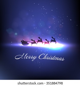 Silhouette illustration of Santa Claus driving his sleigh with the moon on light bokeh background