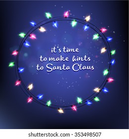 Silhouette illustration of Santa Claus driving his sleigh with the moon on light bokeh background. it's time to make hints to Santa Claus