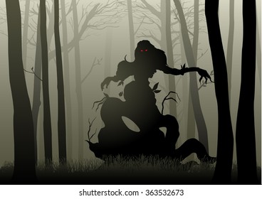 Silhouette illustration of a scary monster in dark woods