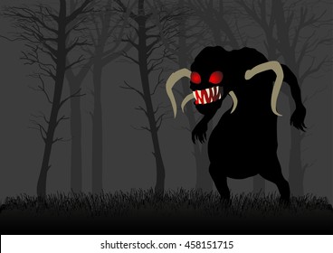 Silhouette illustration of a scary monster with red eyes in dark woods