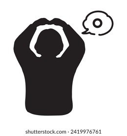 Silhouette illustration of a senior woman raising her arm in an OK gesture, black.	