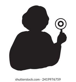 Silhouette illustration of a senior-mature woman holding a Maru0 tag, black.	