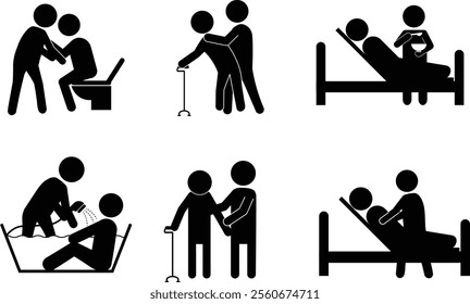 Silhouette illustration set depicting nursing care support