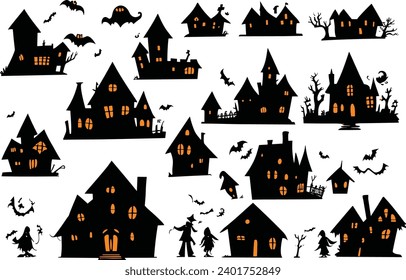 Silhouette illustration set of Halloween haunted houses