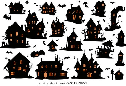 Silhouette illustration set of Halloween haunted houses