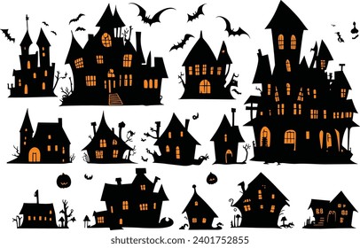 Silhouette illustration set of Halloween haunted houses