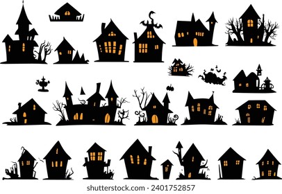 Silhouette illustration set of Halloween haunted houses