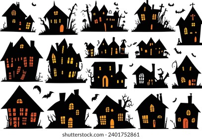 Silhouette illustration set of Halloween haunted houses