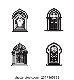 Silhouette Illustration Set of Islamic Door Design with Geometric Patterns