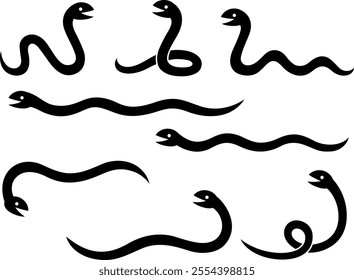 Silhouette illustration set of long snakes in various poses