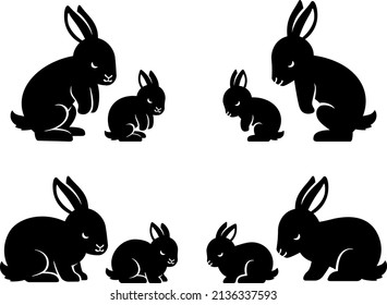 Silhouette illustration set of parents and children of rabbits bowing