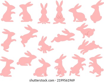 Silhouette illustration set of pink rabbits in various poses